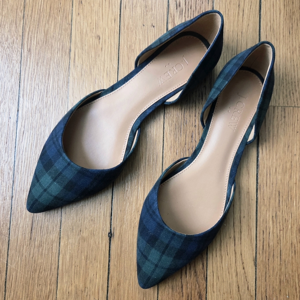 J. Crew Green & Navy Tartan Plaid Pointed D'Orsay Flats